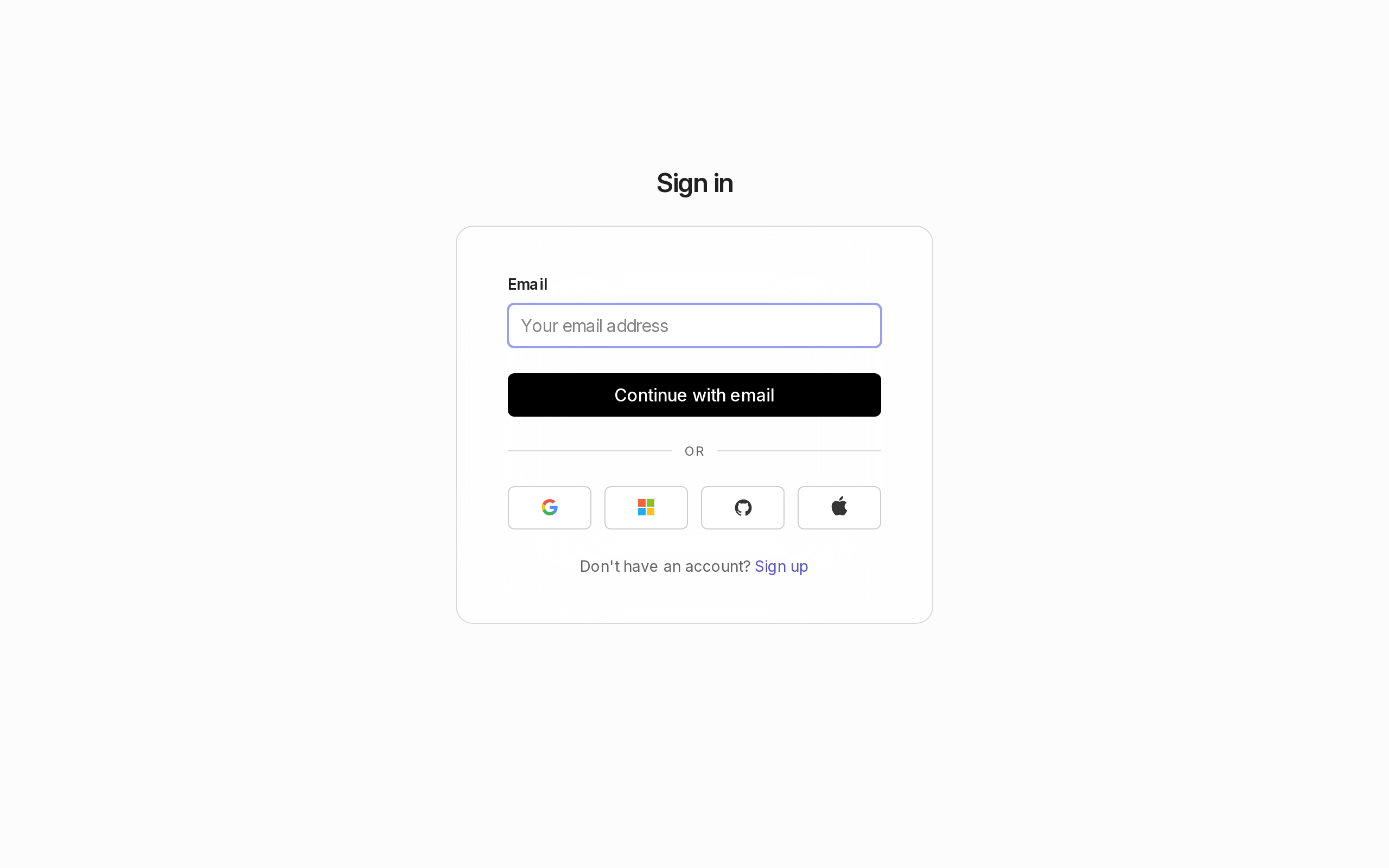 The AutoECP sign-in screen. A white card on a warm grey background with a bold &ldquo;Sign in&rdquo; heading, an email address field, a black &ldquo;Continue with email&rdquo; button, then social login options for Google, Microsoft, GitHub, and Apple, and a &ldquo;Sign up&rdquo; link below.